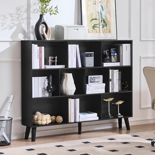 LEYAOYAO 10 Cube Bookshelf, Mid-Century Modern Book Shelf with Legs, Black | 3 Tier Bookcase, 55" Wide Rustic Wood Bookshelves Large Storage Organizer, Open Shelves for Bedroom, Living Room, Office - color: Black, size: 10 Cube Plus with Legs