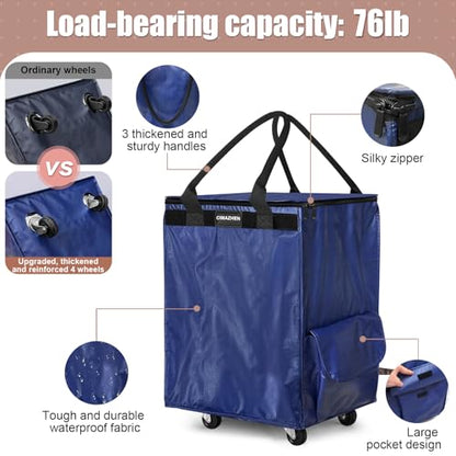 Reusable Grocery Bag Tote Bag with Wheels, Foldable Rolling Tote Bag with 3 Handles and Zipper - color: Blue, size: Medium
