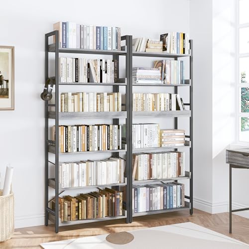 HCHQHS 6 Tier Bookshelf, Adjustable Industrial Bookcase, Vertical Tall Book Shelf, Wood and Black Metal Open Bookshelves for Home Office, Living Room, Bedroom - color: Grey, size: 6-Tier (24"W x 70"H)