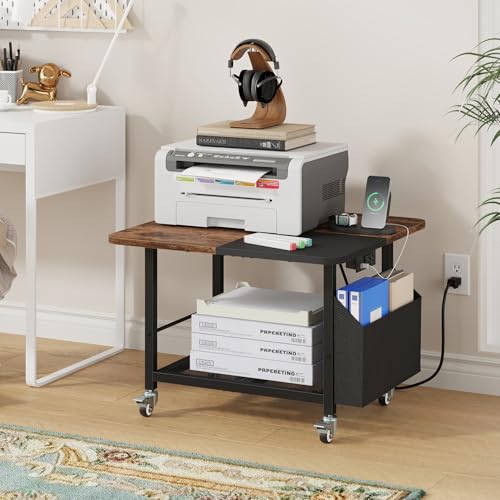 YAOHUOO 23.6"×23.6" Large Printer Stand with Power Outlet, Printer Table with Storage Side Pocket, Heavy Duty Rolling Cart for Home Office 3D Printer/Laser/Heat Press Table, Rustic Brown - color: Rustic Brown