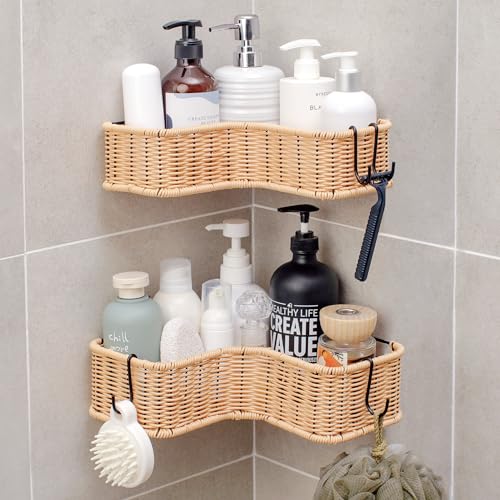 GRANNY SAYS Corner Shower Caddy Adhesive, Wicker Shower Organizers | 2 Pack Rustproof Corner Shelves, Hanging Wicker Shower Organizers and Storage, Inside Shower Shelves for Apartment Decor - color: Natural, size: Corner
