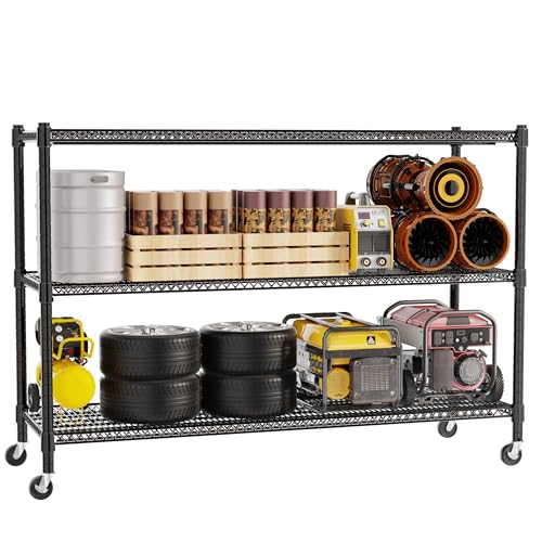 REGILLER 3-Wire Shelf Adjustable Heavy Duty Storage Shelves,Metal Organizer Wire Rack for Laundry Bathroom Kitchen Pantry Closet Garage Shelving with Wheel(Black,24" Dx59.6 Wx47.6 H) - size: 3Tier With Wheel 24"D x 59.6"W x 47.6"H