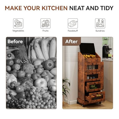 ARTETHYS Potato Storage Bin 5-Tier Rolling Bread Box Cabinet with Side Rack | Onion Keeper with Spice Rack on Wheels, Movable Fruit & Vegetable Container with 4 Ventilated Drawers for Kitchen, Rustic - color: Rustic