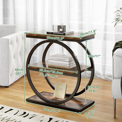 IBUYKE Narrow End Table with 3 Storage Shelves, Industrial Sofa Side Table, Double Round Metal Frames, Slim Nightstand and Bedside Table for Bedroom, Living Room, Rustic Brown UTMJ418H - color: Rustic Brown