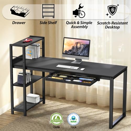 SHW 46-Inch Home Office Computer Desk w/Side Shelf & Drawer, Black | w/ Reversible Adjustable Shelf | Drawer with adjustable compartments - color: Black
