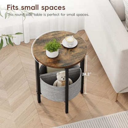 Vagusicc Small Round Side Table, Accent End Table with Storage Basket, Set of 2 Half Round Coffee Table End Table, Half Moon Bedside Table, Modern Nightstand Couch Table for Living Room Bedroom, Brown - color: Rustic Brown