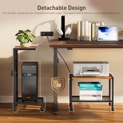 RALGEND Printer Stand with Computer Tower Stand, 2-in-1 Mobile Printer Table Under Desk PC Shelf, 2-Tier PC Tower Stand for Floor, Detachable CPU Holder Cart with Charging Station & Lockable Wheels