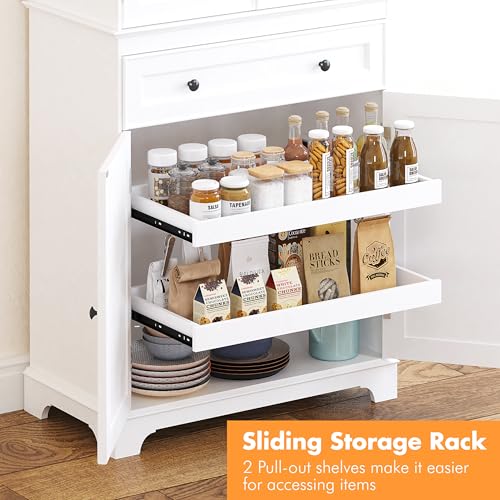 Spirich 71-Inch Tall Kitchen Pantry Cabinet with 2 Slide-Out Racks, White | Large Center Drawer, 6 Built-In Door Shelves, Stemware Rack, 1 Adjustable Shelf, Water-Based Finish, FSC-Certified Wood