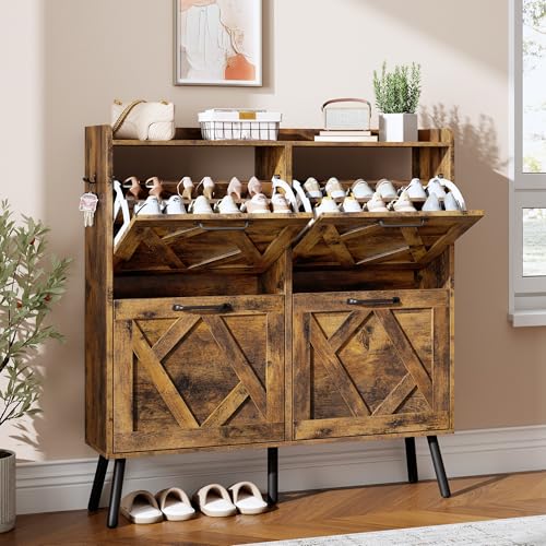 Shoe Cabinet Storage for Entryway, Freestanding Shoe Storage Cabinet, Farmhouse Narrow Shoe Rack Cabinet for Entryway, Foyer, Hallway, Shoe Cabinet 4 Flip Drawers - color: Light Brown