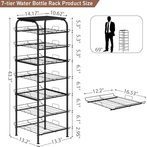 Vrisa Water Bottle Organizer 7 Tier Free Standing Water Bottle Holder Stand with Storage Shelves Beverage Drink Soda Can Rack Dispenser Metal Storage Shelf for Kitchen Pantry Party Office, Black - size: 7-Tier