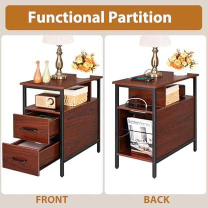 Livofloral Narrow Side Tables with Charging Station, Narrow End Table with Wooden Drawers, USB Ports and Power Outlets, Nightstand and Bedside Table for Bedroom, End Tables Living Room, Espresso - color: Espresso