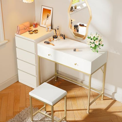 SUPERJARE 31.5" White and Gold Desk with 2 Drawers, Modern Makeup Vanity | Vanity with Padded Stool, Small Computer Desk Home Office Desk for Writing Study Bedroom - color: Gold and White, size: 31.5 inch