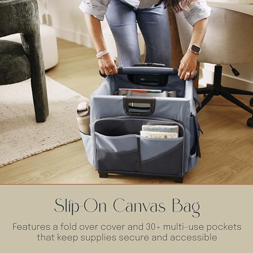Folding Mobile Utility Cart, Canvas Organizer Bag, Black/Grey | Durable plastic, 30 compartments, adjustable handle, 40 lb capacity, collapses to 3" thick, rolling wheels for easy transport - color: Black/Grey