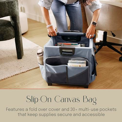 Folding Mobile Utility Cart, Canvas Organizer Bag, Black/Grey | Durable plastic, 30 compartments, adjustable handle, 40 lb capacity, collapses to 3" thick, rolling wheels for easy transport - color: Black/Grey
