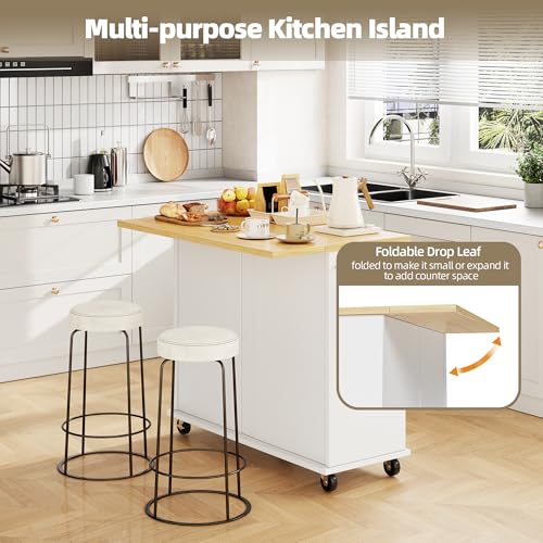 SUNLEI Kitchen Island with Storage, Kitchen Island on Wheels with Drop Leaf, Rolling Kitchen Island Cart with Cabinet and Drawers, Mobile Kitchen Storage Cart for Dining Room, White - style: White