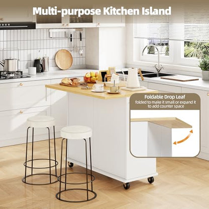 SUNLEI Kitchen Island with Storage, Kitchen Island on Wheels with Drop Leaf, Rolling Kitchen Island Cart with Cabinet and Drawers, Mobile Kitchen Storage Cart for Dining Room, White - style: White