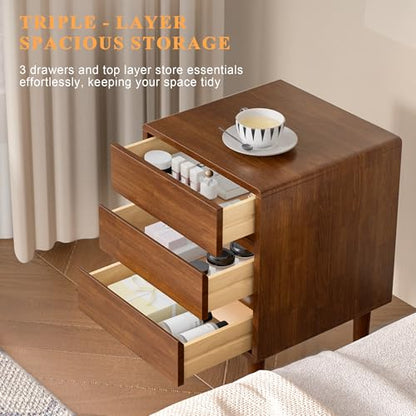 Nightstand with 3 Drawers Narrow Night Stand Solid Wood Bedside Table Mid Century Modern Nightstand Wooden End Table for Bedroom, Study, Office - color: Walnut-3d, size: 15.75''×15.75''×23.62''