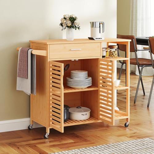 Bamboo Kitchen Island Cart with Storage, Rolling Butcher Block | Large Drawer, 2-Door Cabinet, 3-Tier Open Shelves, Towel Rack, Wheels Included; For Dining Room, Apartment, Small Spaces - size: 41”Lx16”Wx35”H