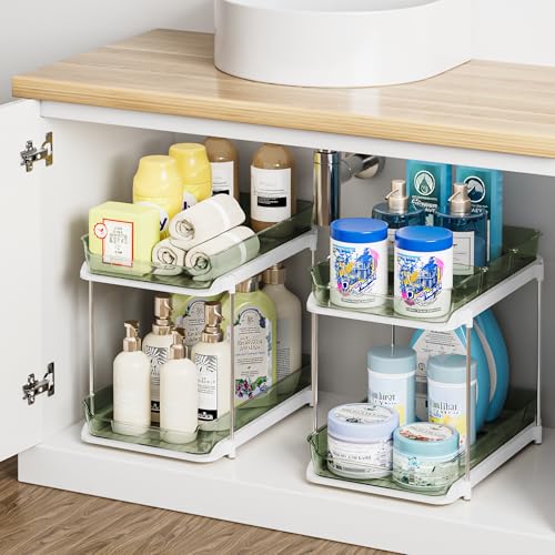 Delamu 2-Tier Multi-Purpose Bathroom Under Sink Organizers and Storage, Stackable Kitchen Pantry Organization, Pull Out Medicine Cabinet Organizer with Movable Dividers, Light Green, 2 Pack - color: Light Green, size: 2 Pack