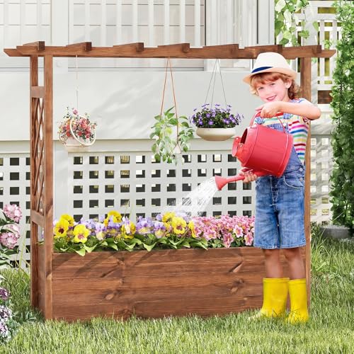 Giantex Raised Garden Bed with Sided Trellis & Roof, 45”x16”x41” Wood Elevated Planter Box, Freestanding Garden Planter Raised Bed for Flowers Herbs Climbing Vines,Brown,1 - color: Brown, size: 45”x16”x41”