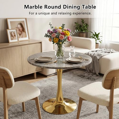 27.6" Marble Round Tulip Table, Mid-Century Modern Style Dining Table with Gold Pedestal Base for 2-4 People, Featuring A Marble Tabletop for Kitchen, Dining Room, Cafe (Dark Grey) - color: Dark Grey#gold