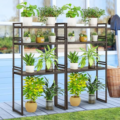 Outdoor Plant Stand 3 Tier Shelf for Patio Flower Pot Planter Stand Holder with Wicker Poly Lumber Shelves Multiple Tall Tiered Plant Display Rack with Adjustable Feet Heavy Duty Stackable Brown