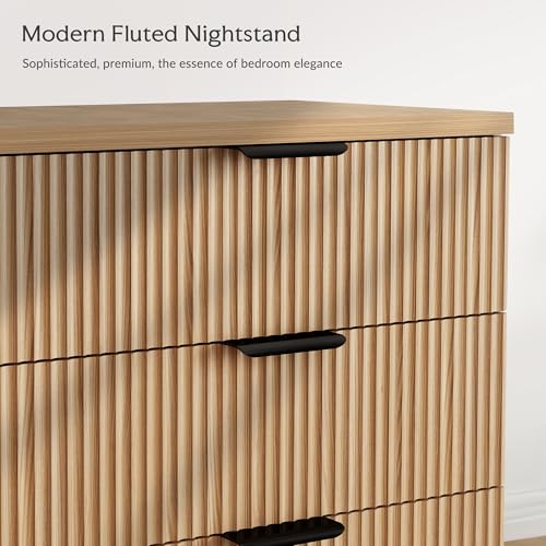 25.6" W Fluted Nightstand with 3 Drawer Dresser, Modern Wood Night Stands | Bedside Table for Bedroom King/Queen Bed, End Table with Robot-friendly Legs for Living Room,Entry - color: 3 Drawers-1pcs-oak