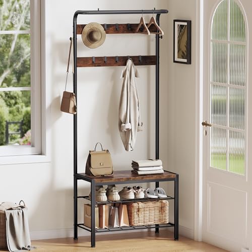NEWBULIG Coat Rack, Hall Tree with Shoe Bench, 4-in-1 Entryway Organizer with 10 Hooks and Storage Shelf, Rustic Wood Entryway Bench for Mudroom, Living Room, Bedroom, Brown - color: Deep Brown