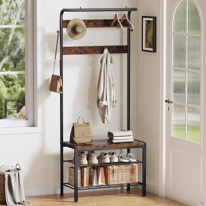 NEWBULIG Coat Rack, Hall Tree with Shoe Bench, 4-in-1 Entryway Organizer with 10 Hooks and Storage Shelf, Rustic Wood Entryway Bench for Mudroom, Living Room, Bedroom, Brown - color: Deep Brown
