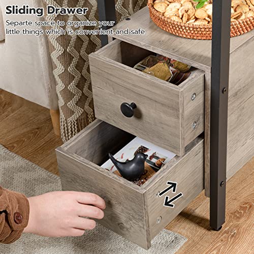 HOOBRO Set of 2 End Tables with Charging Station, Narrow Side Table with Drawers & USB Port & Power Outlets, Nightstand for Small Spaces, Living Room, Stable, Greige and Black BG541BZP201 - color: Greige + Black
