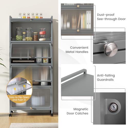 5-Tier Kitchen Storage Cabinet, Mobile Microwave Stand with Metal Frame, 4 Lockable Casters & Flip-up PC Doors, Freestanding Bakers Rack for Kitchen, Dining Room, Living Room (Grey) - color: Grey