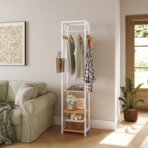 ELYKEN Coat Rack Freestanding, Hall Tree with 3 Storage Shelves and 12 Hooks, Industrial Clothes Rack Stand Organizer for Bedroom, Hallway, Entryway, Office, Living Room - color: Natural