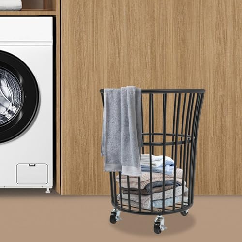 Wire Metal Rolling Laundry Basket On Wheel,Wire Laundry Basket Storage Cart | for Bathroom Bedroom Dirty Clothes Storage, 11.8in Base Diameter, 14.2(D)×15.7in(H) - size: D