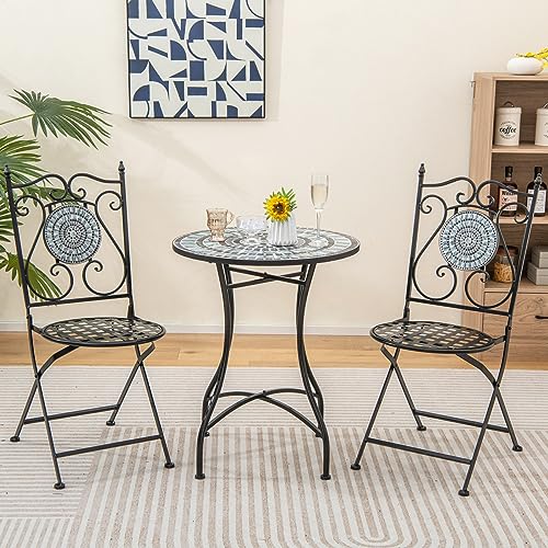 Giantex 24 Inch Patio Bistro Table, Mosaic Round Table w/Ceramic Tile Tabletop, Heavy-Duty Metal Structure, Outdoor Dining Table for Backyard, Garden, Porch (Blue & Black (Sun Pattern)) - color: Blue & Black (Sun Pattern)