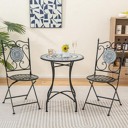 Giantex 24 Inch Patio Bistro Table, Mosaic Round Table w/Ceramic Tile Tabletop, Heavy-Duty Metal Structure, Outdoor Dining Table for Backyard, Garden, Porch (Blue & Black (Sun Pattern)) - color: Blue & Black (Sun Pattern)