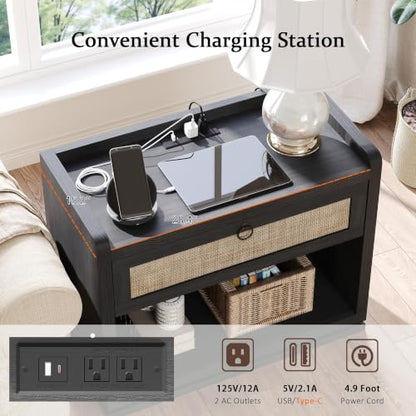 31" Wide Rattan Nightstand with Charging Station, End Side Table | Drawer & Open Shelf, Extra Large Night Stand, Farmhouse, Boho, Wood Bedside Table for Bedroom,Living Room,Office - color: Obsidian