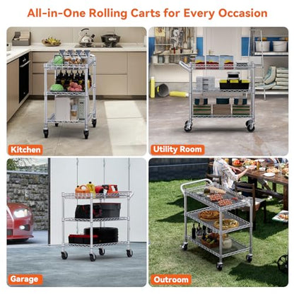 WDT 990Lbs Capacity Heavy Duty Rolling Utility Cart, NSF Rolling Carts with Wheels,Commercial Grade Metal Cart with Handle Bar & Shelf Liner,Trolley Serving Cart for Kitchen,Restaurant,Silver - color: Silver 3 Tier