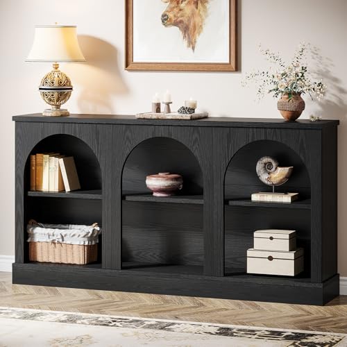 Tribesigns Farmhouse Console Table, 63-Inch Long Entryway Table with 3 Tier Storage, Wooden Rectangular Sofa Table Behind The Couch for Entrance, Hallway, Living Room, Black - color: Black