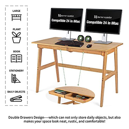 Nnewvante Writing Computer Desk 46" Bamboo Home Office Table with 2 Drawers, Modern Furniture Simple Study Makeup Workstation - size: 46''-Bamboo