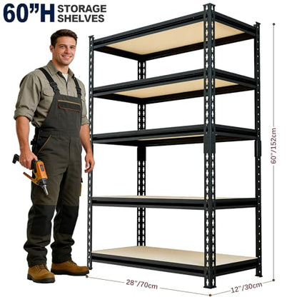 60" H x28 W x12 D: Father&I 5-Shelf-Storage-Rack Metal+Wood Garage/Kitchen Pantry Shelves Steel Utility Stand Shelving Unit Adjustable Heavy-Duty Shed Closet/Attic/Laundry Organizer, Black - size: 60 in * 28 in * 12 in Wood-5T