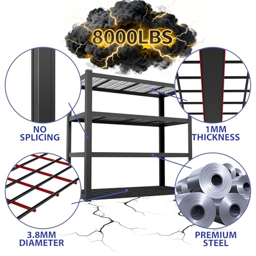 71" Wx71 H Industrial Shelving,8000LBS Garage Storage Shelves,4 Tier Adjustable Metal Shelving,Heavy Duty Shelving for Factory, Garage,Warehouse,Barn (1)
