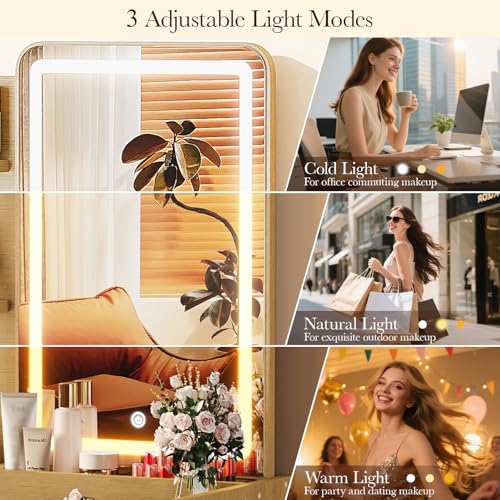 Memobarco Small Vanity Desk with Mirror and Lights, Makeup Vanity with Drawer & Storage Shelves, Vanity Desk with 3 Lighting Modes & Adjustable Brightness, Dressing Table for Women Girls Bedroom, Wood - color: Wood