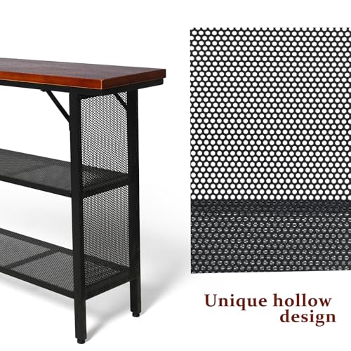 LOKKHAN 47.2 Inch Industrial Console Table with Storage Shelves – Solid Wood Top for Sturdiness, Black Metal Frame with Mesh Design for Airy Look | Perfect for Entryway, Living Room, Hallway