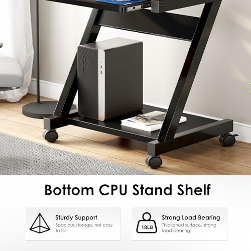 sogesfurniture Mobile Computer Desk, Small Rolling Work Workstation for Home and Office with Printer Shelf, Keyboard Drawers,23.6 x 18.9 x 28.7 Inches,BHUS-DX-8110-BB(Black) - color: Black