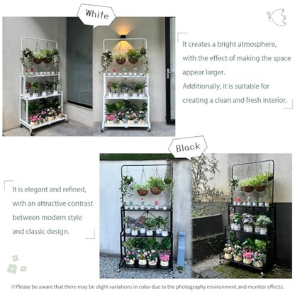 lumizone Foldable 4-Tier Plant Stand With Wheels Indoor Outdoor Black | Hanging Plant Shelf No Assembly Required Pot Placement Area Sturdy Fall Prevention Storage Shelf Flower Pot Stand