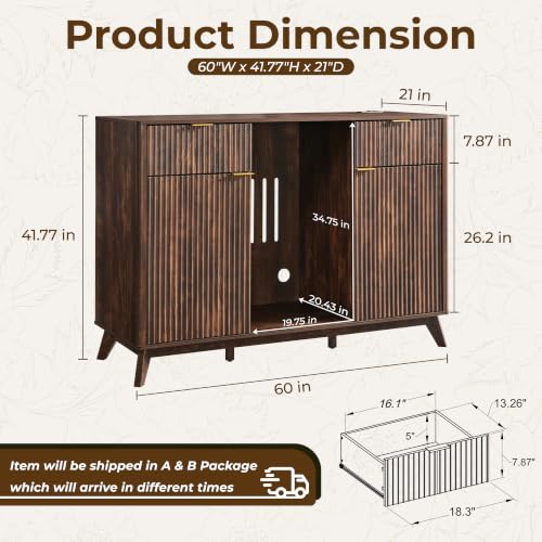 OKD 60" Fluted Coffee Bar Cabinet with Mini Fridge Space, Dark Walnut | Mini Fridge Compatible, Built In Charging Station, 3 Stemware Racks, 2 Drawers, 2 Cabinets, Home Bar Cabinet Storage - color: Dark Walnut