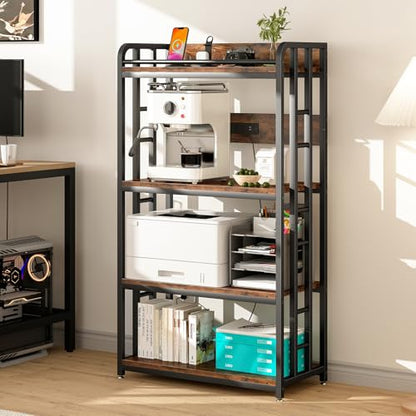 METYERRY Adjustable 4-Tier Heavy Duty Kitchen Baker's Rack with Power Outlet, with Industrial Wheels, Free Standing Microwave Oven Cart Stand for Storage in Living Room, Garage, Rustic Brown - color: Rustic Brown