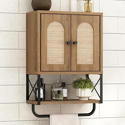 RUSTOWN Rattan Bathroom Wall Cabinet, Boho Over The Toilet Storage Cabinet with Arched Rattan Doors, Modern Medicine Cabinet with Adjustable Shelves & Towel Bar, Bathroom Organizer(Rustic Oak, Small) - color: Natural Oak, size: Small