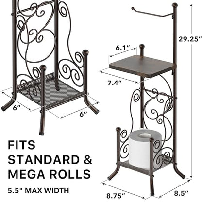 Simple Houseware English Style Toilet Paper Stand Holder w/Woodtop, Bronze | 4 Paper Rolls, 8.5" x 8.75" x 29.2" - color: Bronze, size: Wood Shelf - 29.2''H