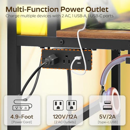 YATINEY Small Computer Desk with Charging Station and LED Lights, Gaming Desk with Monitor Stand, 2-Tier Home Office Desk with 4 Side Hooks, for Living Room, Home Office, Rustic Brown DN01UDBRY2 - color: Rustic Brown + Black